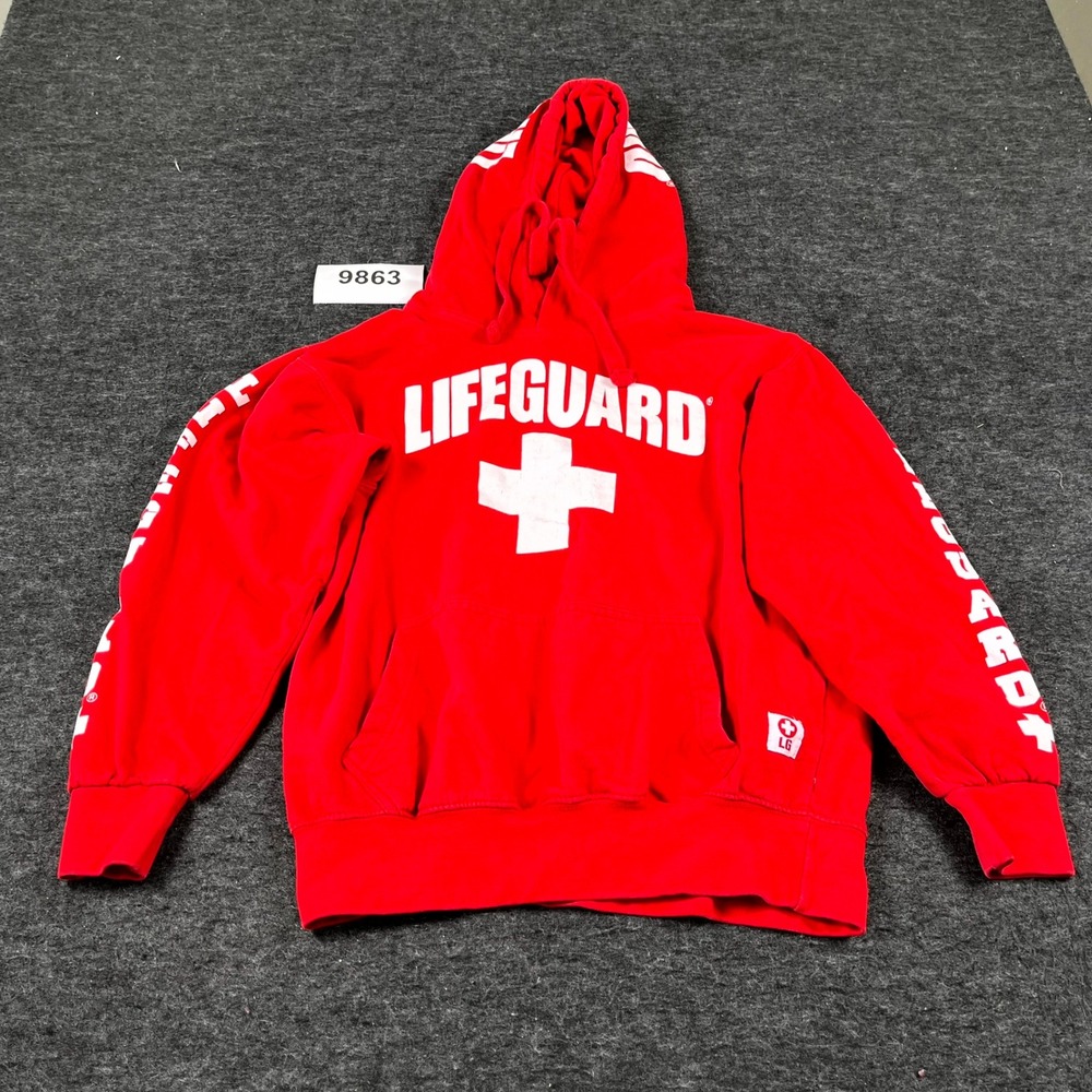Lifeguard Hoodie Mens Small Red Cotton Fleece Graphic Spellout Logo Pullover